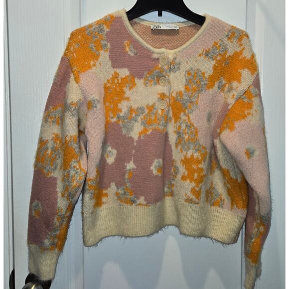 Zara Women's sz S Floral Crop 1/4 Button Up Chunky Sweater - Picture 1 of 4